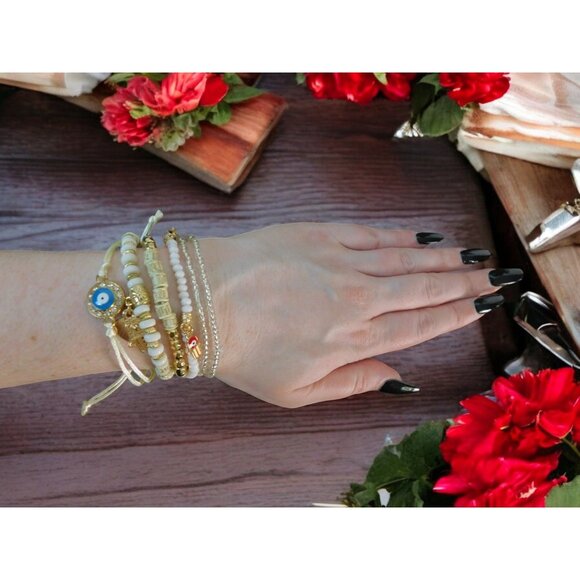 Boho Evil Eye Hamsa Beaded Bracelet Set - Adjustable - New - Witchcore Ethereal - Picture 2 of 13